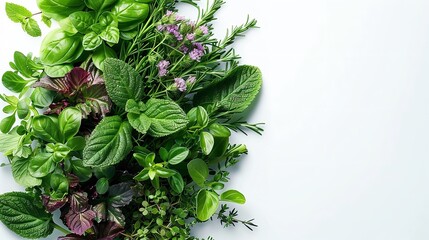 Top view of a bouquet of fragrant herbs in a studio clean backdrop with a big space for text or product advertisement, Generative AI - obrazy, fototapety, plakaty