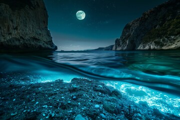 Moonlit Night Over Bioluminescent Ocean and Cliffs. 