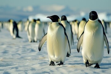Obraz premium Emperor Penguins Marching on Antarctic Ice. 