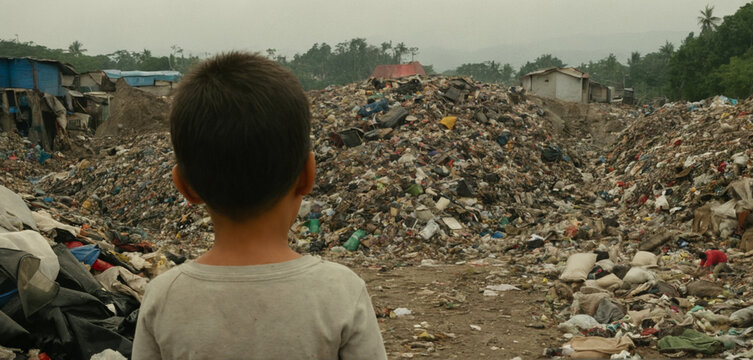tired poor child kid boy asian, collect garbage for sale because of poverty, Junk recycle, Child labor, Poverty at childhood, human trafficking, fictional location