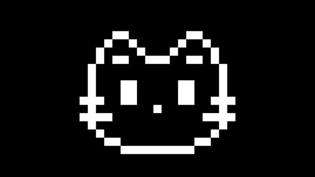 White cat icon outline pixel art element animated with alpha channel. Black and white kitten motion graphic on transparent background.