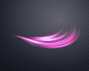 Glowing pink lines. Neon realistic energy speed. Abstract light effect on a dark transparent background. Vector illustration.