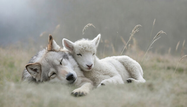 Cute, wolf and lamb lying peacefully together in nature, peace and safety between different, Film grain effect