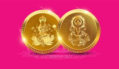 Vector illustration of Akshaya tritiya gold coins with god goddess Lakshmi and Ganesha. Indian traditional festival. - obrazy, fototapety, plakaty