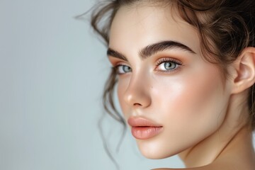 closeup portrait of woman with natural healthy skin and colored eyes, facial skincare and beauty concept