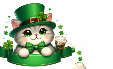 Cute cat is wearing green top hat and sitting bored on ground Concept, generative ai