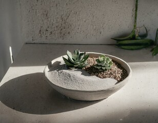 A tranquil corner featuring a shallow dish filled with sand, stones, and succulents, mimicking a miniature zen garden, set on a kitchen island for a peaceful break