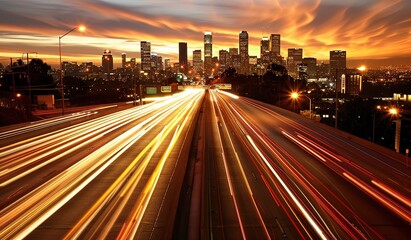 Bustling cityscape at sunset with vibrant skyline and light trails