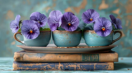   A set of purple pansies in a teacup on a bookshelf