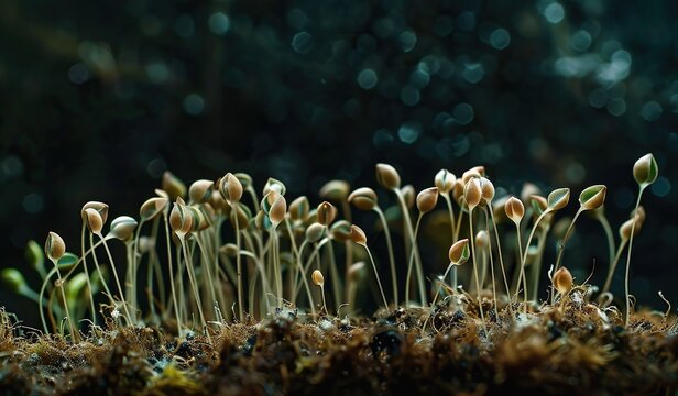 Enchanting macro world of moss and sporophytes in a mystical forest ambiance