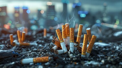 Cigarette butts, garbage and environmental pollution, futuristic background - obrazy, fototapety, plakaty
