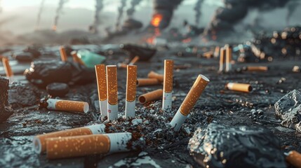 Cigarette butts, garbage and environmental pollution, futuristic background - obrazy, fototapety, plakaty