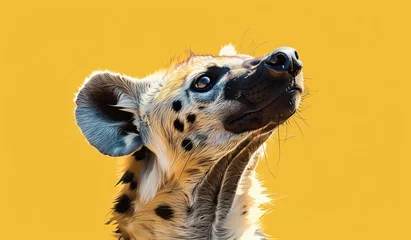 Foto op Plexiglas Close-up of a curious hyena on a warm yellow background © volga