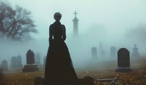 Mysterious woman in mourning at foggy cemetery