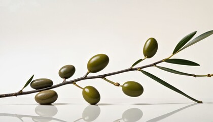 A single olive branch lying across a reflective white surface, with ripe green olives and lush leaves