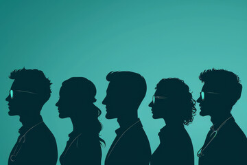 Silhouetted Group of Five People Profile against Aquamarine Background