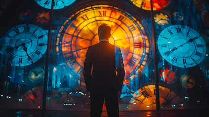 A man stands facing an array of large, luminous clocks in a futuristic, multidimensional space, symbolizing the contemplation of time