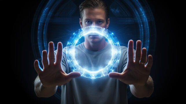 Businessman controls virtual computer in augmented reality,in front of person there is glowing neon circle,development