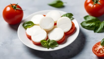 Mozzarella typical Italian product derived from milk with tomatoes and basil
