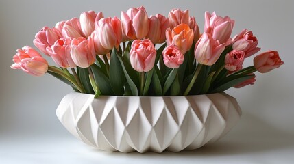   A white vase with pink tulips sits on a white table beside a white wall