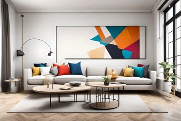 A sleek, minimalist living room with a large L-shaped sofa, adorned with vibrant cushions, and a contemporary wall mockup displaying abstract art.