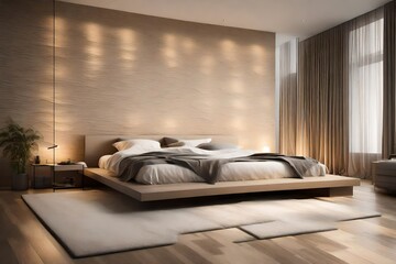 Fototapeta na wymiar A minimalist bedroom with clean lines, neutral tones, and soft lighting. The textured wall adds depth to the space.