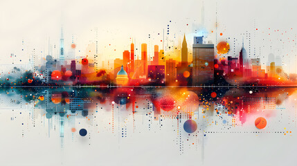 Colorful abstract artwork featuring a city skyline with symmetrical reflections and geometric...