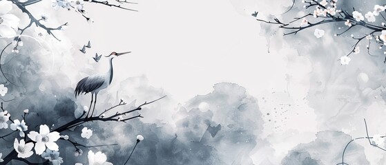 Japanese background with watercolor texture modern. Vintage branch with florals and leaves. Hand drawn crane birds element on the background.