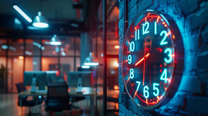  Modern neon clock in an office wall, product photo,black background, colorful, cinematic.