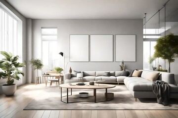 A sleek, modern living room with a minimalist wall mockup, featuring stylish furniture and abundant natural light.