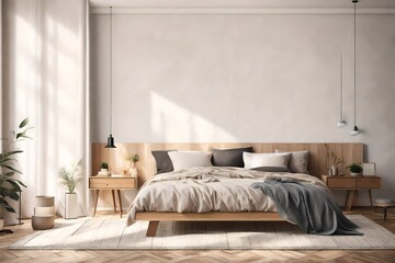 A high-resolution image of an empty solid wall mockup in a cozy bedroom, emphasizing the versatility for personalized decor and artistic expression.