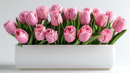   Pink tulips in a white vase on a white surface with green stems emerging