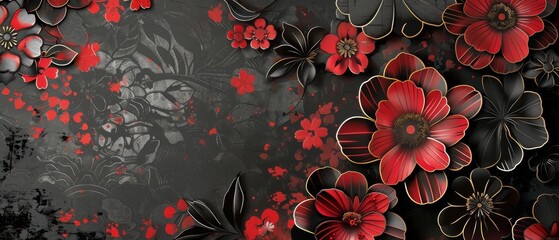 A modern background with a red flower pattern drawn in a vintage style. Intricate Chinese hand drawing element decorations. Abstract black and white banner design.