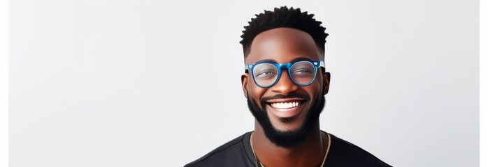 Portrait of smiling young African American man wearing optical glasses on white background with space for text