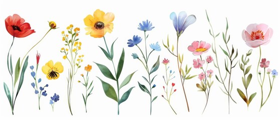 Various blooming plants isolated on white with stems and leaves. Floral decoration or gift with watercolor style.