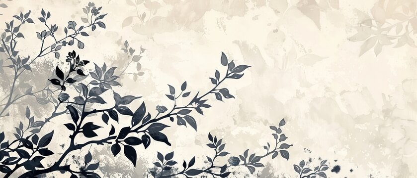 Japanese wave pattern modern with watercolor texture. Vintage style branch and leaf decoration template.