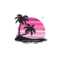 palm trees on a background of pink sunset summer tropical landscape vector logo