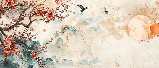 The Japanese background with watercolor texture modern has a flower and Chinese cloud decoration in vintage style. Abstract art landscape card design with crane birds.