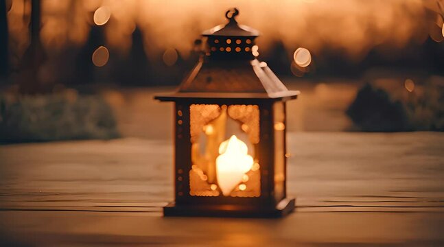 Arabic lantern in the sunset with city background. Forwelcoming ied al fitri
