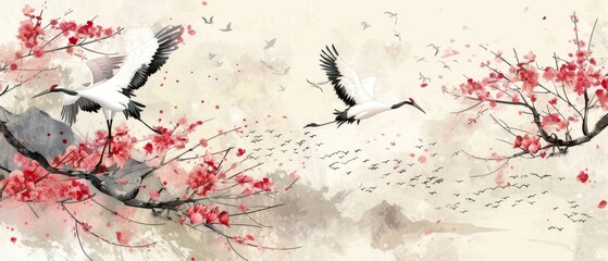 Vintage style crane birds modern. Japanese background with watercolor texture. Oriental natural wave pattern with Chinese cloud decoration. Cherry blossom branch pattern element. - obrazy, fototapety, plakaty