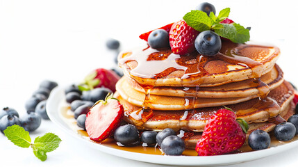 Scrumptious Homemade Pancakes with Fresh Fruit and Maple Syrup on White Background - Delicious Breakfast or Brunch Concept for Foodies