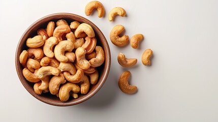 Top view of kaju or cashew nut in a bowl with a big space for text or product in a studio white backdrop, Generative AI.