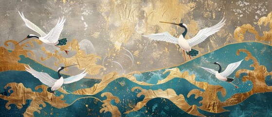 Vintage style crane birds element modern. Japanese background with gold painting texture. Oriental natural wave pattern with ocean sea decoration banner design. Flower pattern element.