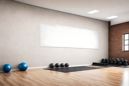 An HD image capturing an empty solid wall mockup in a fitness studio, providing an ideal space for workout motivation or health-related graphics.