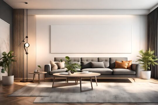 An empty solid wall mockup in a modern living room with soft ambient lighting, showcasing its potential for personalized artwork or decor.