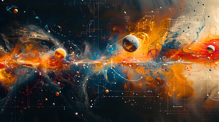 Vibrant abstract art representing a cosmic event with planets and energetic particles - obrazy, fototapety, plakaty