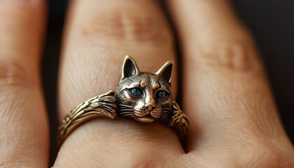 Close-up view of a finely crafted metallic ring shaped like a cat's face worn on a finger - obrazy, fototapety, plakaty