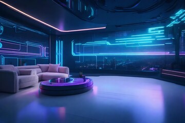 A futuristic, minimalist living area with holographic elements and a wall mockup presenting ever-changing digital sculptures, creating an immersive atmosphere.