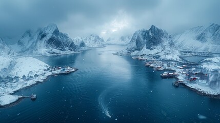   A cluster of vessels bobbing atop a water expanse encircled by snow-capped peaks and an overcast atmosphere