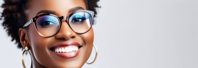 Portrait of smiling young African American woman wearing optical glasses on white background with...